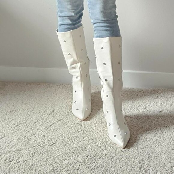 Women's White Pointed Toe Knee High Kitten Heel Mid Wide Calf Zipper Boots - Picture 4 of 4